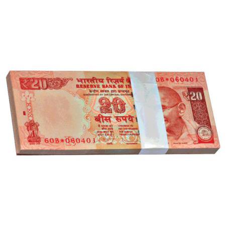 Republic of India, 20 rupees, star series, full packet of 100 notes, 2012, signed by D. Su