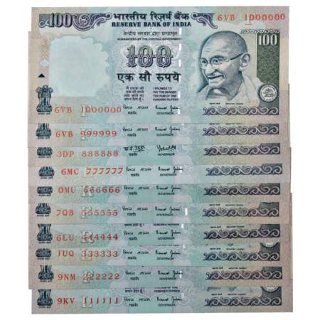 Republic of India, 100 rupees, set of 10 fancy number notes, signed by Bimal Jalan / Y. V.