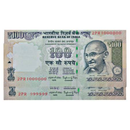 Republic of India, 100 rupees, fancy number (2), 2015, signed by Raghuram G. Rajan, Gandhi