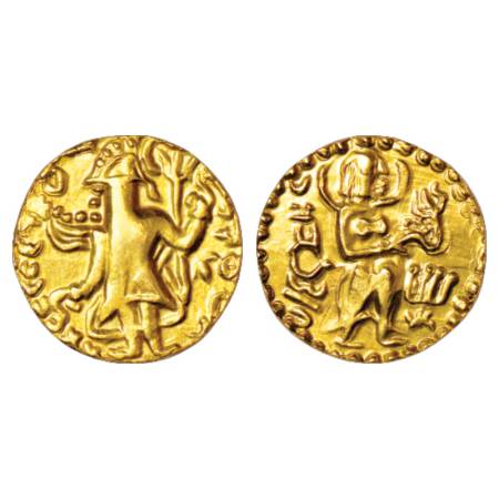 Samatata region, gold dinar imitating Kushan coin design (c.400-500 AD), ECB SAM1B.2, 6.45