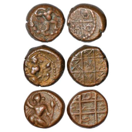 Western Tamil nadu, three anonymous copper kasu with 'criss-cross' pattern on reverse, Coi