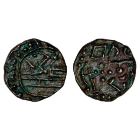 Kingdom of Travancore (16th century AD), copper 4 cash, 1.36g. Obv: God Vishnu reclining o