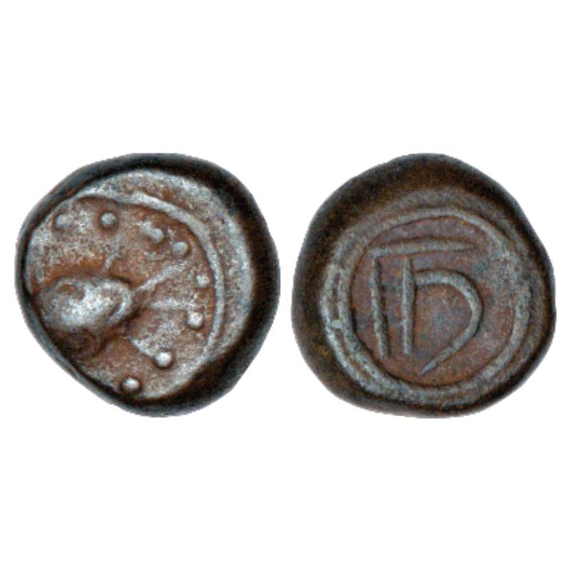 Nawabs of Arcot, anonymous heavy kasu (c.1670-1740 AD), MCSI 999-1001, 6.63g. Obv: fish in