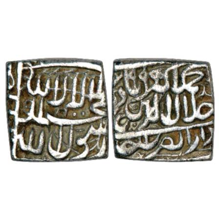 Akbar (1556-1605 AD), silver square rupee, Dar ul-Zarb Ujjain mint, AH 999, KM 82.7. Very 