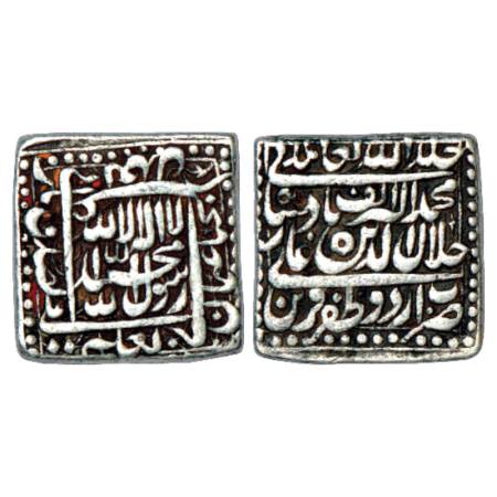 Akbar (1556-1605 AD), silver square rupee, Urdu Zafar Qarin mint, date Alf (1000), KM 82.8