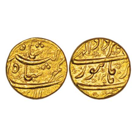 Jahangir (1605-1627 AD), gold mohur, Burhanpur mint, Amardad 12, 10.84g. Obv: Names of Jah