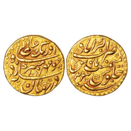 Aurangzeb (1658-1707 AD), gold mohur, 10.92g, Akbarabad mint at top, AH 1090/RY 23, KM 315