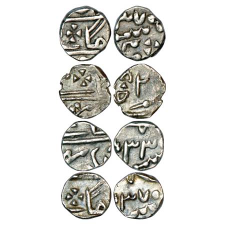 Kota, silver coins (4), 1x ¼ rupee, 2.78g, RY 27 and 3x 1/8 rupee, RY 2, 1.37g; RY 33, 1.3
