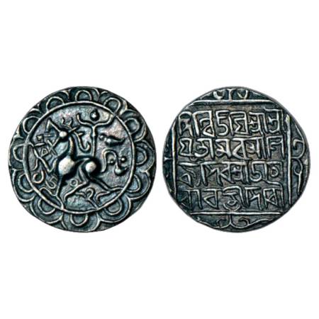 Tripura, Amara Manikya (1577-1586 AD), silver tanka, SE 1502.Obv: Lion facing front. Rev: 
