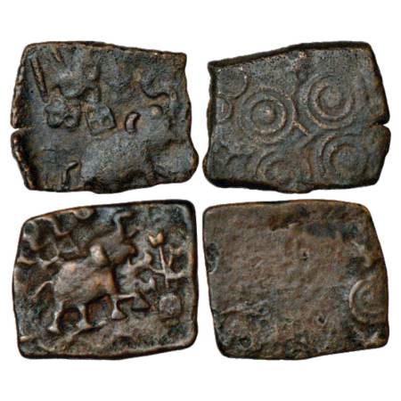 Satavahanas - two 'elephant' type coins of Siri Satakani (c.100-50BC), Vidarbha region, wi