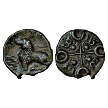 Satavahanas - alloyed copper coin of Siri Satakani (c.50BC), Junnar 'lion' type, 3.23g. Ob