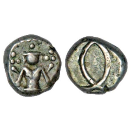 Madras Presidency, silver 2 fanam, ND (1764-1807 AD), 1.83g. Obv: Deity Vishnu. Rev: witho