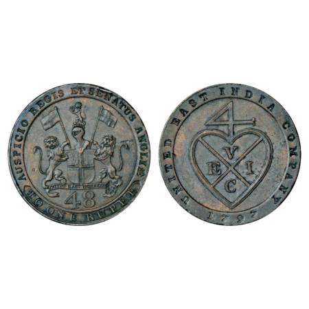 Madras Presidency, copper 1/48 rupee (Dub), AD 1797, 12.54g. Obv: E.I.C. arms. Rev: Bale m