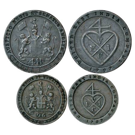 Madras Presidency, copper coins (2), 1/48 rupee (Dub), 13.32g and 1/96 rupee (1/2 Dub), 6.