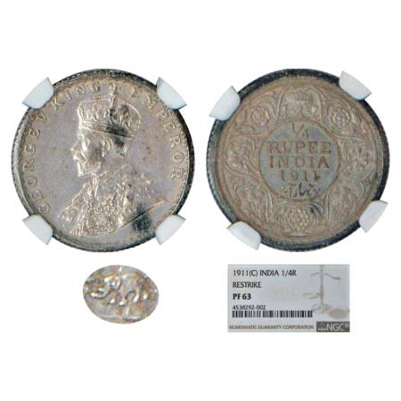 George V, silver proof ¼ rupee, 2.96g, 19.28mm, 1911, Calcutta mint, Mule. Obv: Elephant o