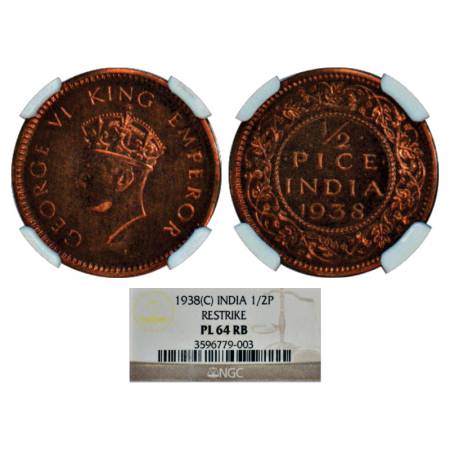 George VI, copper ½ pice, Proof re-strike, 1938, Calcutta mint, PR 770. Graded as PL64 RB 