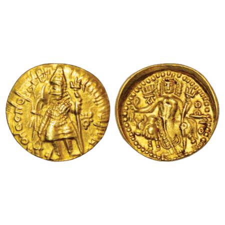 Kidarites, gold dinar imitating designs of Kushan king Vasudeva II (c.300-350 AD), 8.04g. 