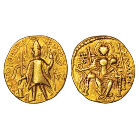 Kushans - gold Dinar of Vasudeva II (c.275-300AD), Goebl 569, 7.67g. Obv: Crowned, diademe