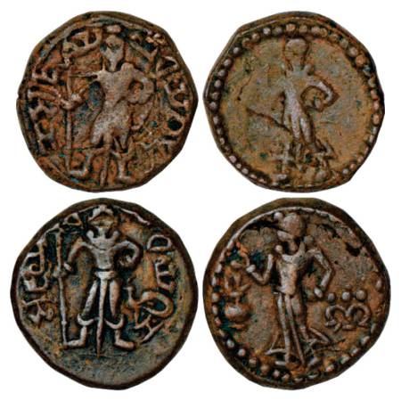 Yaudheya tribal republic - two copper coins of Karttikeya type: (A) Pieper 1121, 10.97g. O