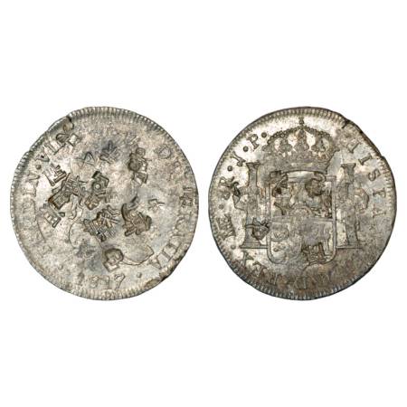 Peru, Ferdin VII, silver 8 reales, 27.20g, 1817, LIMAE JP mintmark, countermarked with mul