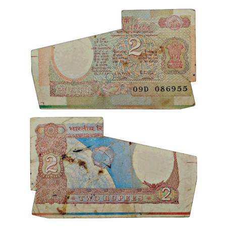 Republic of India, 2 rupees, misprint, signed by R.N. Malhotra, serial no.: 09D 086955, in