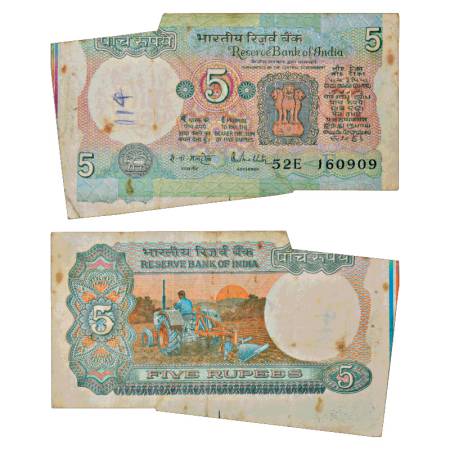 Republic of India, 5 rupees, misprint, signed by R.N. Malhotra, serial no.: 52E 160909, in
