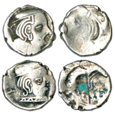 Western Kshatrapas, obverse brockages (Lakhi), with bust of king facing right, Wearing a f