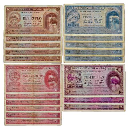 Indo-Portuguese Territories (19), 5x 10 rupias, 5x 20 rupias, 6x 50 rupias and 3x 100 rupi