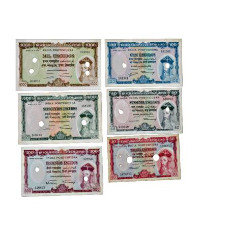 Indo-Portuguese Territories, set of 6 notes, 30 Escudos, 60 Escudos, 100 Escudos, 300 Escu