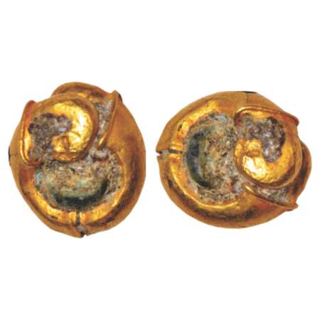 Ancient Indian ear ornament (1st-2nd Century AD), Lead core clad in Gold, clasped under-ha
