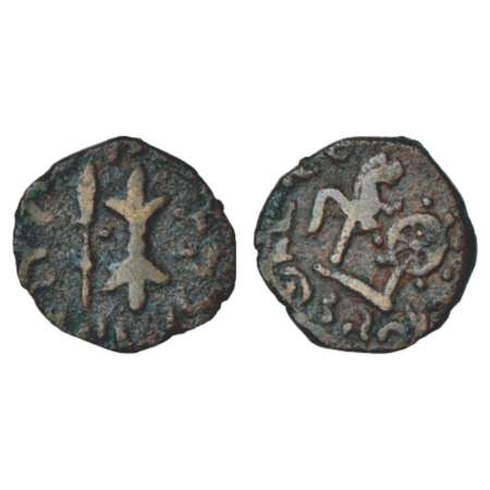 Western Kshatrapas, Bhumaka, copper, 2.67g. Obv: Arrow and thunderbolt. Rev: Lion-wheel st