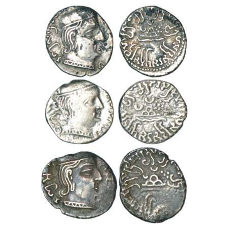 Western Kshatrapas, Karddamaka dynasty, silver drachm (3), Rudrasena I (190-222 AD), dated