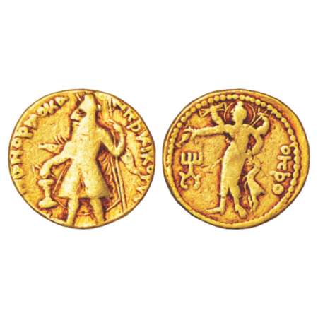 Kushans, Gold Dinar of Kanishka (127-150 AD), Gobl 37, 7.73g. Obv: King wearing tunic, poi