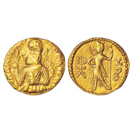 Kushans, gold dinar of Huvishka (155-190AD), Goebl 150, 7.87g. Obv: draped bust of the kin