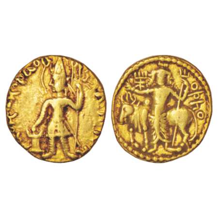 Kushans, gold Dinar of Vasudeva (180-220 AD), Goebl 512, 7.95g. Obv: nimbate, helmeted and