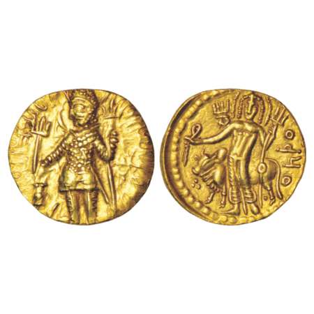 Kidarites, gold dinar imitating designs of Kushan king Vasudeva II (300-350 AD), Goebl 645