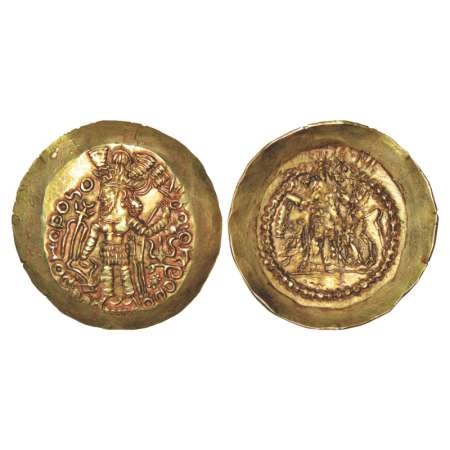 Kidarites, scyphate gold dinar with legend 'Kidara' imitating design of Warahran Kushansha