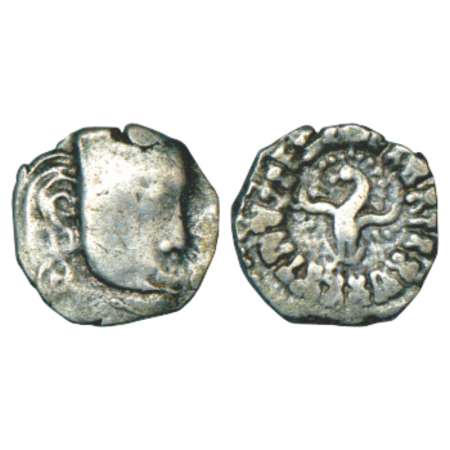 Gupta Empire, Kumara Gupta (415-450 AD), silver drachm of 'fan-tailed peacock' or 'Madhyad