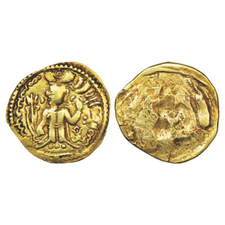 Alchon Huns in Gandhara, gold Dinar of Aduman, (450-500AD), 6.83g. Obv: King with crescent