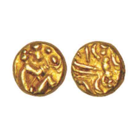 Medieval Karnataka, gold fanam of 'Isapura', 0.37g. Obv: Maruti seated on his tail in Anja