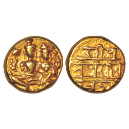 Vijayanagar, Sangama dynasty, Devaraya I (1406-1422 AD), gold pagoda, 3.41g. Obv: Shiva pa
