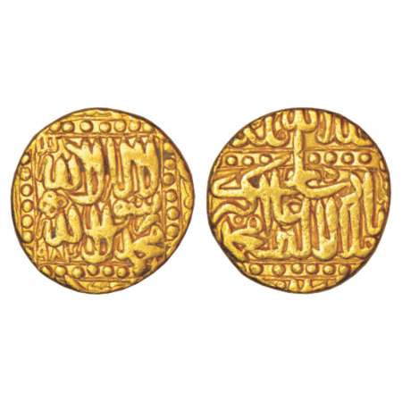 Akbar (1556-1605 AD), gold mohur, 10.78g , Patna mint, AH 984, dotted rectangular border o