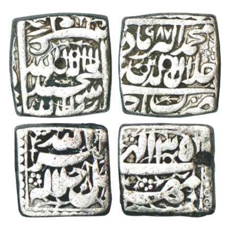 Akbar (1556-1605 AD), silver square rupee (2), 1x Ujjain mint, AH 987, KM 82.7 and 1x mint