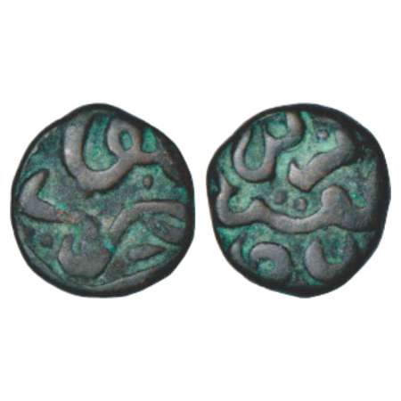 Akbar (1556-1605 AD), copper 1/8 dam or damri, 1.96g. Urdu Zafar Qarin mint, KM 13.1. Very
