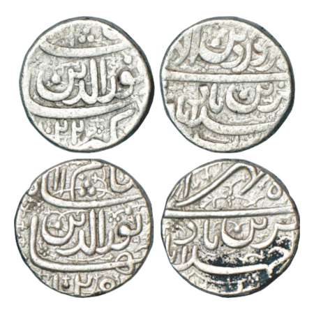 Jahangir (1605-1627 AD), silver rupee (2), Ahmadabad mint, 'Muzaiyan' couplet, 1x Farwardi