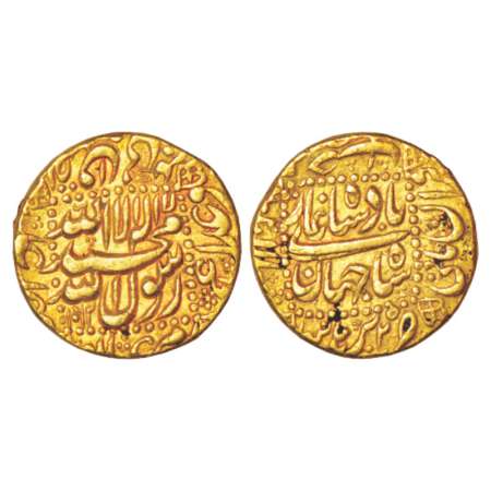Shah Jahan (1628-1658 AD), gold mohur, 10.97g, Burhanpur mint at bottom, AH 1062/RY 25, KM