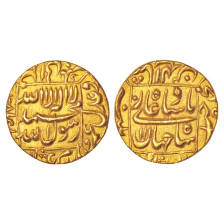 Shah Jahan (1628-1658 AD), gold mohur, Patna mint in left quadrant, RY 11, KM 260.14. Extr