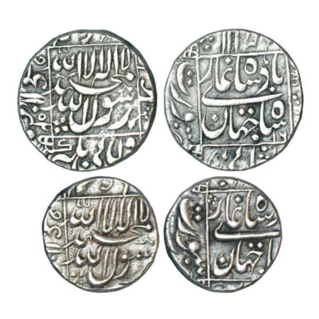 Shah Jahan (1628-1658 AD), silver rupee & ½ rupee, Surat mint in left quadrant, rupee AH 1