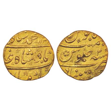 Muhammad Shah (1719-1748 AD), gold mohur, Khujista Bunyad mint, 10.96g, AH 113x/RY 2, KM 4