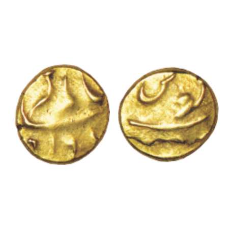 Alamgir II (1754-1759 AD), gold ½ pagoda, 1.68g, Guti mint, Maratha issue. Fine, Rare.